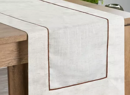 Bieżnik lniany 40x180 NATU 9 naturalny zdobiony szerokim mankietem z brązową lamówką