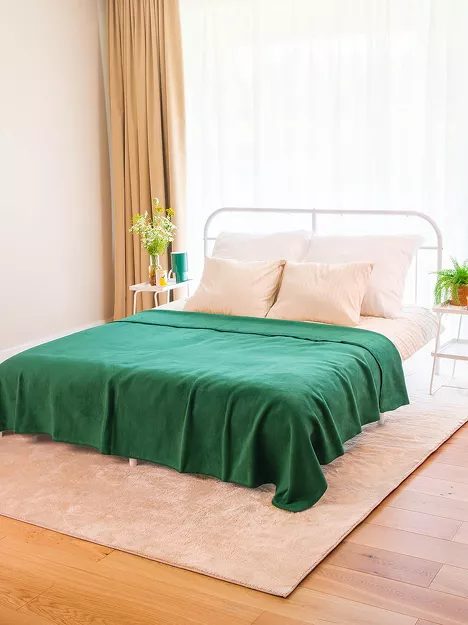 Koc bawełniany 180x220 0293-11 leaf ciemna zieleń gładki wykończony szydełkiem