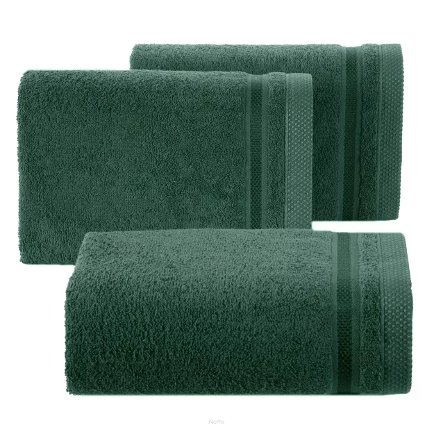 Ręcznik 100x150 ABBIE ciemna zieleń z żakardową błyszczącą bordiurą w pasy z delikatną krateczką 500 g/m2