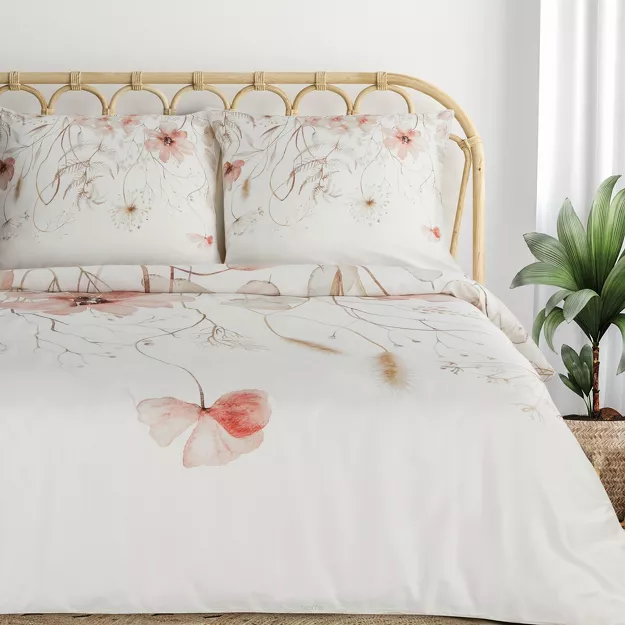 Pościel z satyny 140x200 PREMIUM 24 biała z wzorem różowych kwiatów z kolekcji Premium