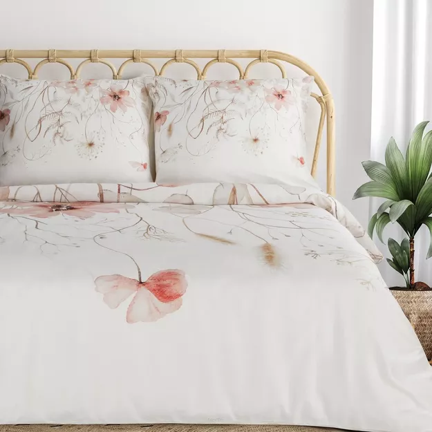 Pościel satynowa 140x200 PREMIUM 24 biała z wzorem różowych kwiatów z kolekcji Premium