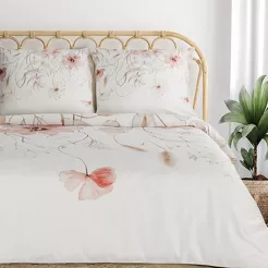 Pościel satynowa 140x200 PREMIUM 24 biała z wzorem różowych kwiatów z kolekcji Premium