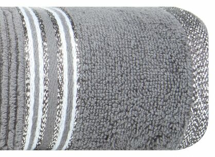 Ręcznik 70x140 FILON srebrny zdobiony bordiurą w prążki z połyskującą srebrną nicią
