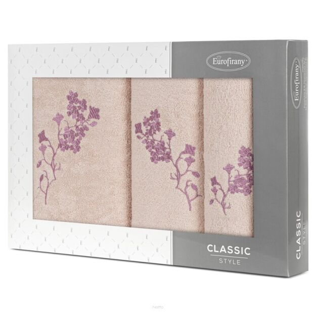 Komplet ręczników 3 szt. BLOSSOM pudrowe z haftowanym liliowym wzorem kwiatowym w kartonowym pudełku