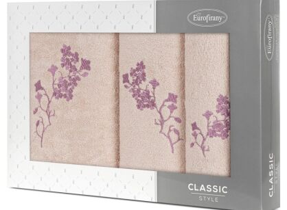 Komplet ręczników 3 szt. BLOSSOM pudrowe z haftowanym liliowym wzorem kwiatowym w kartonowym pudełku