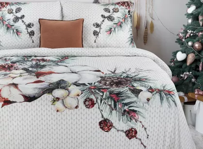 Pościel świąteczna 140x200 SNOW 1 biała szara z szyszkami z satyny bawełnianej
