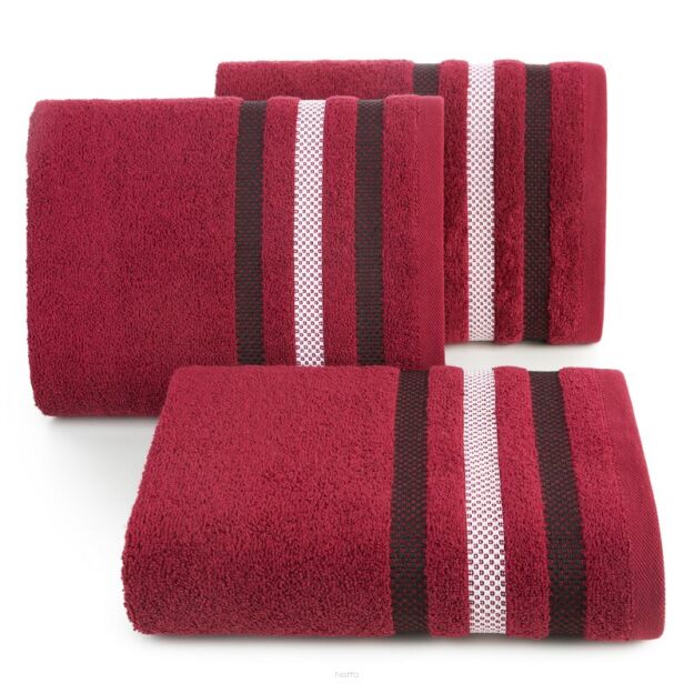 Ręcznik bawełniany 30x50 GRACJA czerwony z welurową bordiurą w 3 pasy z dodatkiem lśniącej nici