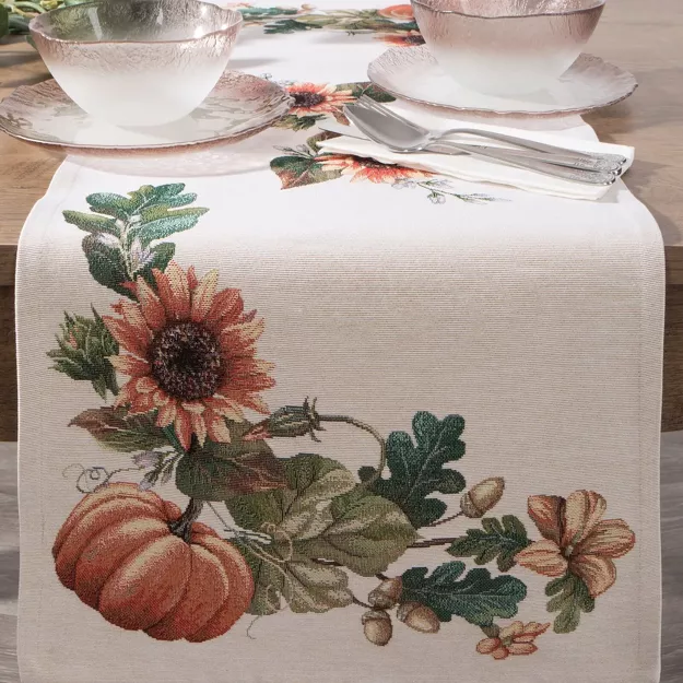 Bieżnik gobelinowy 40x100 1220 naturalny z nadrukiem pomarańczowych dyni i słoneczników