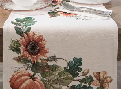 Bieżnik gobelinowy 40x100 1220 naturalny z nadrukiem pomarańczowych dyni i słoneczników