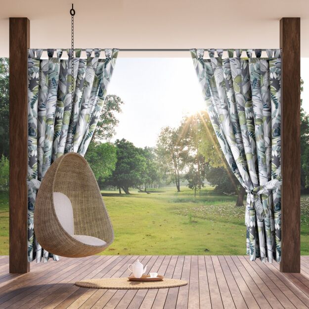 Zasłona na taras 155x200 GARDEN 20 zielona na szelkach zapinanymi na rzepy wodoodporna z motywem botanicznym
