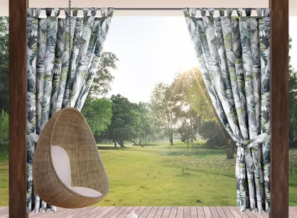 Zasłona na taras 155x200 GARDEN 20 zielona na szelkach zapinanymi na rzepy wodoodporna z motywem botanicznym