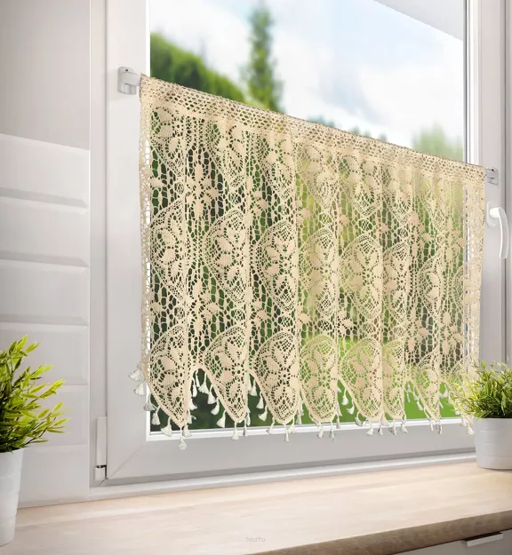 Zazdrostka w tunelu 150x60 MOLY jasny beż z bawełny ażurowy wzór z frędzelkami