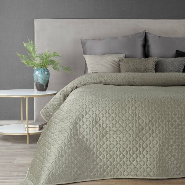 Narzuta welwetowa 200x220 DIMON srebrna pikowana w geometryczny wzór