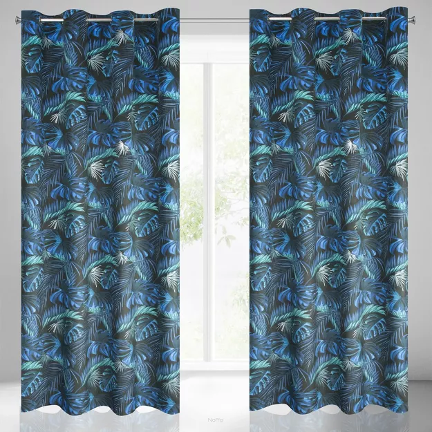 Zasłona na przelotkach 140x250 LAZUR welwetowa z niebieskim nadrukiem egzotycznych liści na czarnym tle