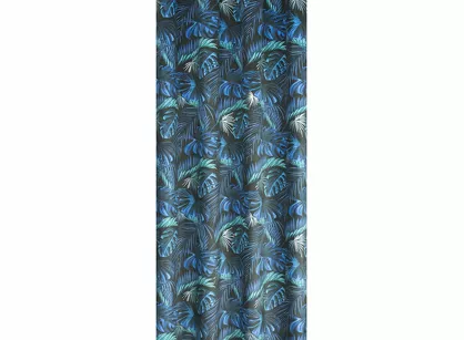Zasłona gotowa na przelotkach 140x250 LAZUR welwetowa z niebieskim nadrukiem egzotycznych liści na czarnym tle