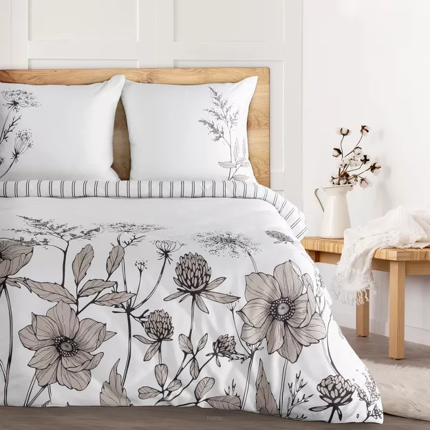 Pościel z makosatyny 220x200 AGNES biała beżowa wzór botaniczny dwustronna Premium