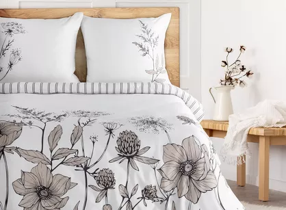 Pościel z makosatyny 220x200 AGNES biała beżowa wzór botaniczny dwustronna Premium