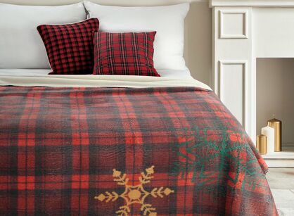 Koc świąteczny 200x220 CHERRY bawełniany czerwony z zieloną kratką z wzorem złotych śnieżynek