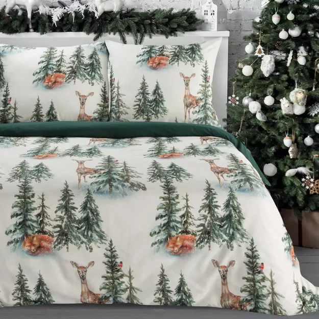 Pościel świąteczna 160x200 DEER biało zielona nadruk choinek z bawełny renforce