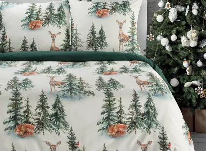 Pościel świąteczna 160x200 DEER biało zielona nadruk choinek z bawełny renforce