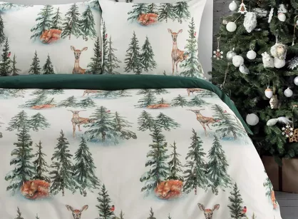 Pościel świąteczna 160x200 DEER biało zielona nadruk choinek z bawełny renforce