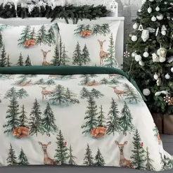Pościel świąteczna 160x200 DEER biało zielona nadruk choinek z bawełny renforce