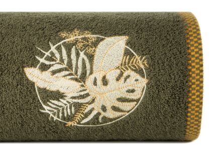 Ręcznik bawełniany 50x90 PALMS oliwkowy z wyhaftowanym złotym wzorem egzotycznych liści
