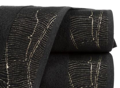 Ręcznik bawełniany 70x140 METALIC czarny z bordiurą z wzorem liści bananowca i złotą nicią