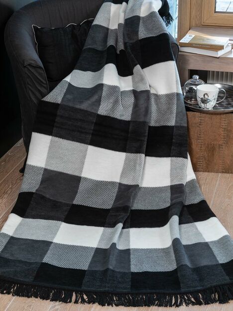 Koc bawełniany 150x200 1229-2 biały czarny w wyrazistą kratę z frędzlami