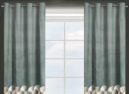 Zasłona gotowa na przelotkach 140x250 GINA welwetowa stalowa z nadrukiem wachlarzy Design 91
