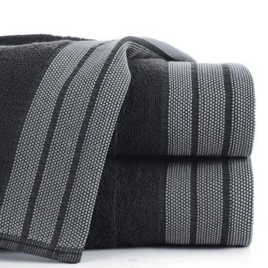 Ręcznik bawełniany 70x140 PATI czarny w pasy z szeroką żakardową bordiurą