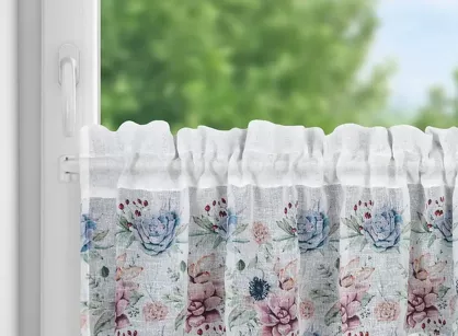 Zazdrostka gotowa w tunelu 150x30 DORA biała z etaminy zdobiona koronką z nadrukiem kwiatowym