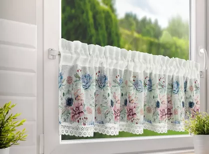 Zazdrostka gotowa w tunelu 150x30 DORA biała z etaminy zdobiona koronką z nadrukiem kwiatowym