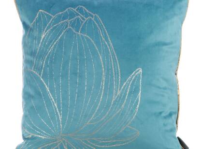 Poszewka welwetowa 45x45 LOTOS 7 turkusowa ze złotym nadrukiem kwiatu lotosu obszyta lamówką Limited Collection