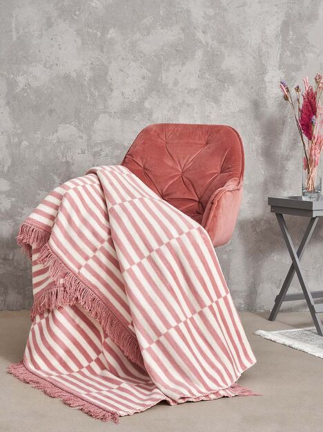 Koc bawełniany 150x200 2147-1 różowy plażowe paseczki z frędzlami