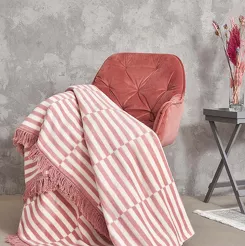 Koc bawełniany 150x200 2147-1 różowy plażowe paseczki z frędzlami