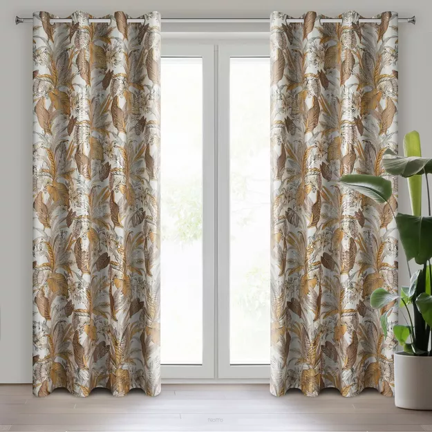 Zasłona na przelotkach 140x250 ADEL welwetowa popielata ze srebrnym nadrukiem na tle egzotycznych wyrazistych liści
