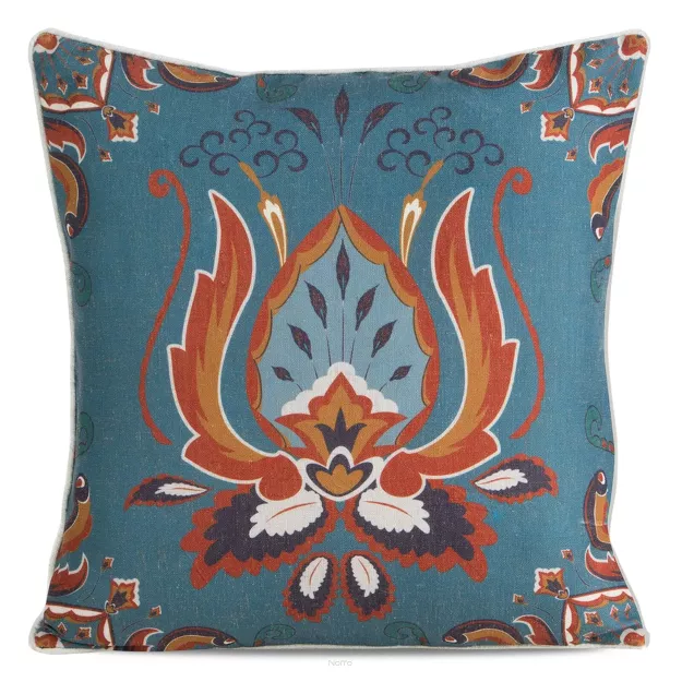 Poszewka dekoracyjna 45x45 LEN 11 turkusowa pomarańczowa w ornamenty z dodatkiem lnu z lamówką na brzegach