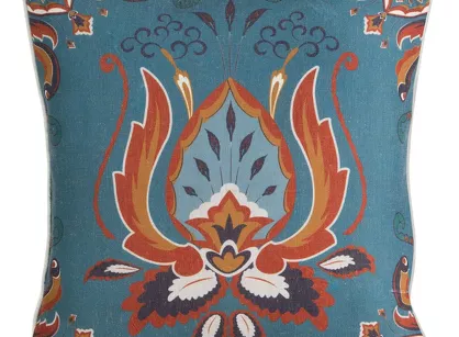 Poszewka dekoracyjna 45x45 LEN 11 turkusowa pomarańczowa w ornamenty z dodatkiem lnu z lamówką na brzegach