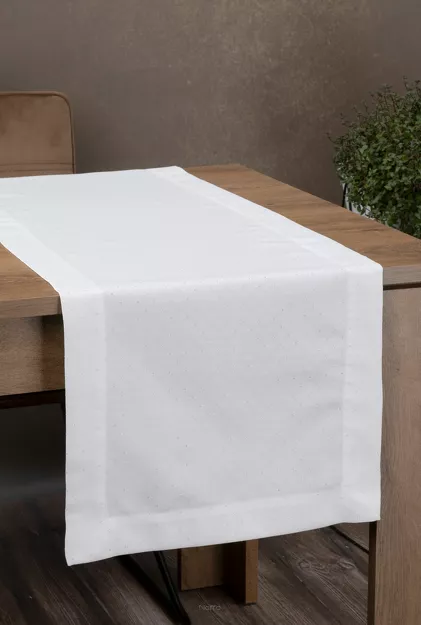 Bieżnik elegancki 40x140 ELLEN biały w drobne kropeczki z ozdobną listwą połyskujący srebrną nicią