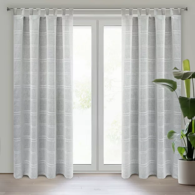 Firana na szelkach 140x250 ARCADIA srebrna o strukturze delikatnego deszczyku zdobiona paseczkami z tkaniny szenilowej