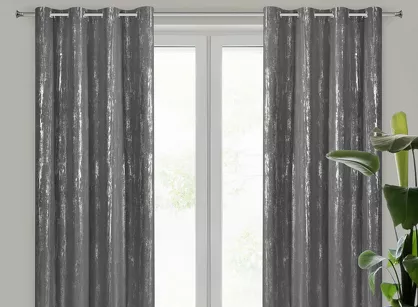 Zasłona gotowa na przelotkach 140x250 LIBI grafitowa z mikrofibry z błyszczącym srebrnym nadrukiem