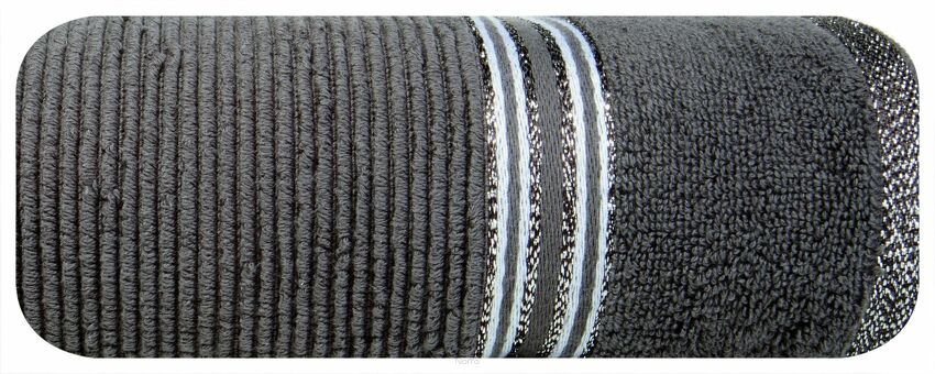 Ręcznik 50x90 FILON stalowy zdobiony bordiurą w prążki z połyskującą srebrną nicią 530 g/m2