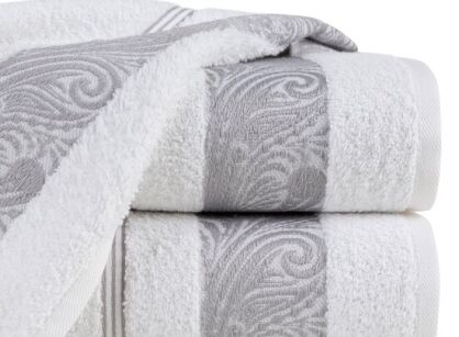 Ręcznik bawełniany 50x90 SYLWIA 1 biały z bordiurą żakardową w ornamentowy wzór