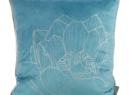 Poszewka welwetowa 45x45 LOTOS 8 turkusowa ze złotym nadrukiem kwiatu lotosu obszyta lamówką Limited Collection