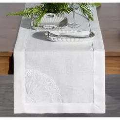 Bieżnik 40x140 ELEN złamana biel z ozdobną kantą i wyhaftowaną koronką na brzegu z kolekcji Premium