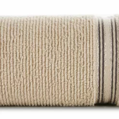 Ręcznik 50x90 FILON beżowy zdobiony bordiurą w prążki z połyskującą srebrną nicią