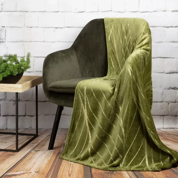 Koc 150x200 LOTOS 4 oliwkowy ze złotym nadrukiem dużych liści