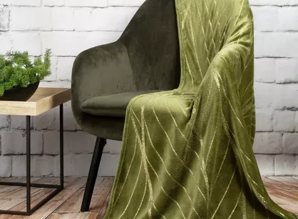 Koc 150x200 LOTOS 4 oliwkowy ze złotym nadrukiem dużych liści