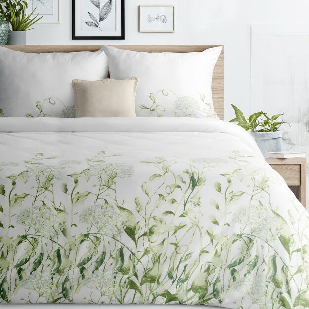 Pościel z mikrowłókna 140x200 BUENA biała zielona wzór kwiatowy Design 91